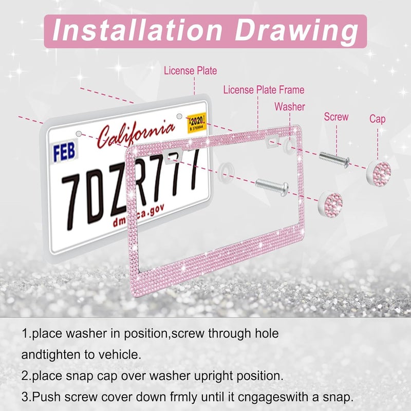 amiss Bling License Plate Frame for Women, 2Pack Rhinestone Handcrafted Crystal Premium Stainless Steel, Stainless Steel Car Accessories with Diamond Sparkle Glitter Caps (Pink) - Image 5